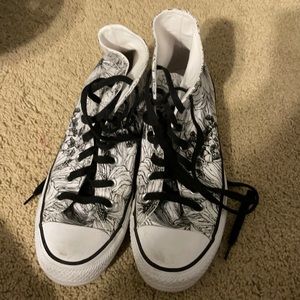 Black and white floral high top converse
